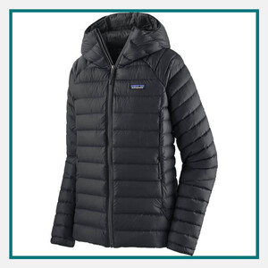 Patagonia Ladies' Down Sweater Hoody in black with lightweight quilted insulation, full-zip front, attached hood, and Patagonia logo on the chest.