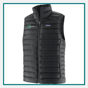 Patagonia Men's Down Sweater Vest in black with lightweight quilted insulation, full-zip front, and an embroidered AbCellera logo on the chest.