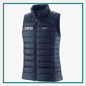 Patagonia Ladies' Down Sweater Vest in navy blue with lightweight quilted insulation, full-zip front, and an embroidered CAPCO logo on the chest.