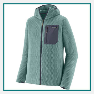 Patagonia Men's R1 Air Full-Zip Hoody in light green with textured fleece, attached hood, full-zip front, chest pocket, and Patagonia logo.