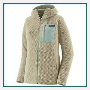 Patagonia Ladies' R1 Air Full-Zip Hoody in cream with textured fleece, attached hood, full-zip front, chest pocket, and Patagonia logo.