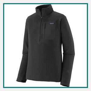Patagonia Men's R1 Air Zip-Neck Pullover in black with textured fleece, quarter-zip front, chest pocket, and Patagonia logo.