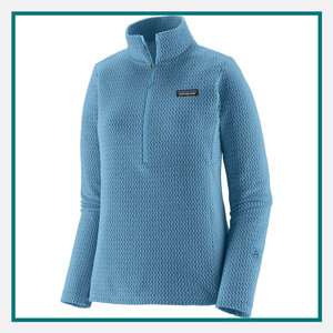 Patagonia Ladies' R1 Air Zip-Neck Pullover in light blue with textured fleece, quarter-zip front, and Patagonia logo on the chest.