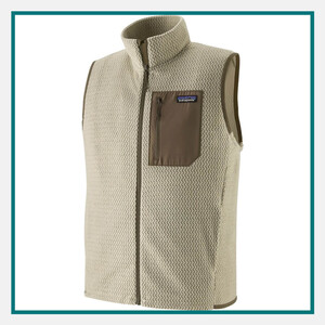 Patagonia Men's R1 Air Fleece Vest in cream with textured fleece, full-zip front, chest pocket, and Patagonia logo.
