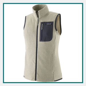 Patagonia Ladies' R1 Air Fleece Vest in cream with textured fleece, full-zip front, contrast chest pocket, and Patagonia logo.