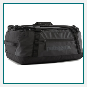 Patagonia 40L Black Hole Duffel Bag in black with durable fabric, zippered compartments, carry handles, and Patagonia branding.