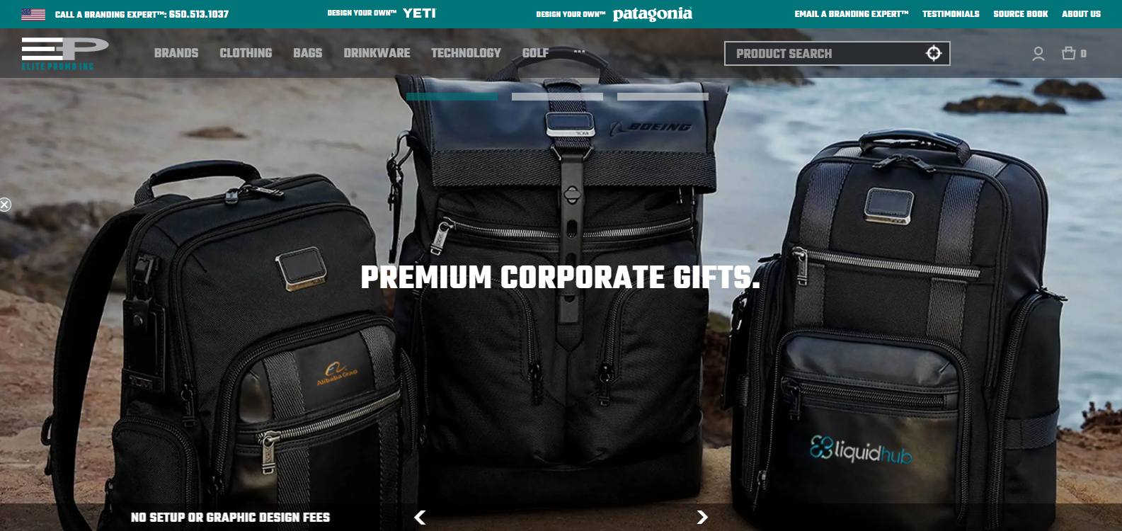 Elite Promo Inc. homepage showcasing premium corporate backpacks and branded gifts featured in a custom Patagonia buyer's guide.
