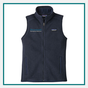 Patagonia Ladies' Better Sweater Vest in navy blue with an embroidered Beaumont Emergency Medicine logo on the chest.