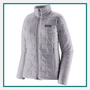 Patagonia Ladies' Nano Puff Jacket in light grey with quilted insulation, full-zip front, zippered pockets, and Patagonia logo on the chest.