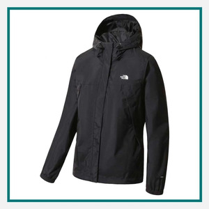The North Face Women's Antora Jacket in black with an attached hood, full-zip front, elastic cuffs, and The North Face logo on the chest.