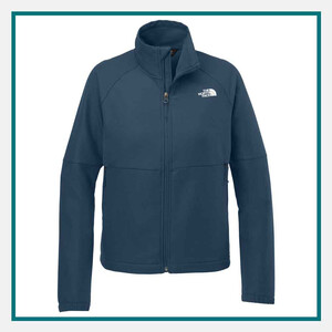 The North Face Ladies Barr Lake Soft Shell Jacket in blue with a full-zip front, stand collar, long sleeves, and The North Face logo on the chest.