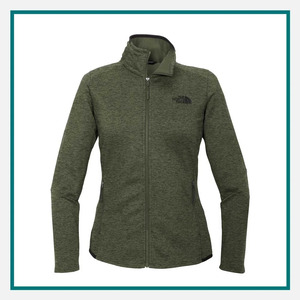 The North Face Ladies' Skyline Full-Zip Fleece Jacket in olive green with a stand collar, full-zip front, zippered side pockets, and The North Face logo on the chest.
