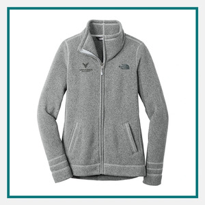 The North Face Ladies Sweater Fleece Jacket in gray with a full-zip front, stand collar, side pockets, and embroidered Voyager and The North Face logos.