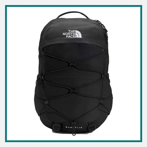 The North Face Borealis Backpack in black with a top carry handle, front bungee cord system, multiple zippered compartments, and The North Face logo on the front.