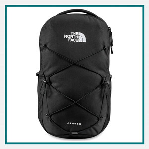 The North Face Jester Backpack in black with a top carry handle, front bungee cord system, zippered compartments, and The North Face logo on the front.