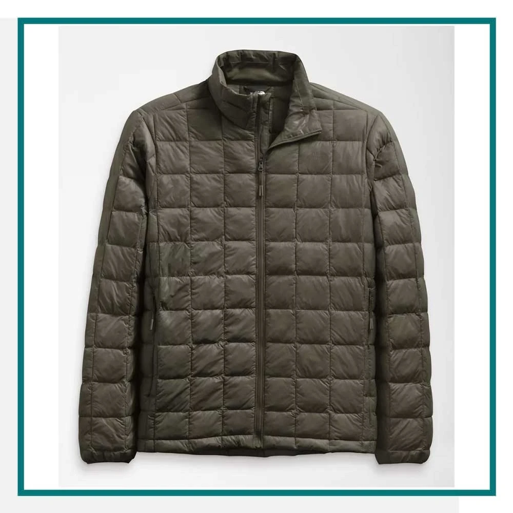 The North Face Men's Thermoball Eco Jacket 2.0 in dark olive with quilted insulation, full-zip front, and stand collar.