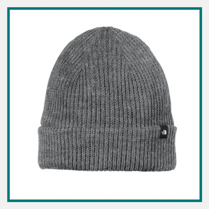 The North Face Circular Rib Beanie in gray with a ribbed knit texture, folded cuff, and small The North Face logo tag on the front.