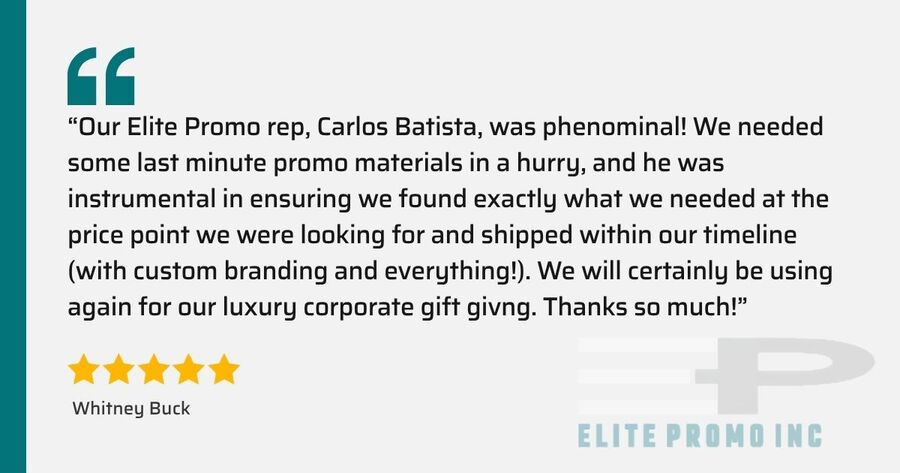 Five-star testimonial from Michael Uy: &ldquo;Ordered company jackets from ELITE PROMO INC for our company giveaways. We received our jackets not only IN TIME but SOONER THAN EXPECTED, enough time to give to everyone before the holidays. Everyone LOVES the jacket and WILL ORDER AGAIN from ELITE PROMO INC.&rdquo;