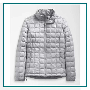 The North Face Ladies' Thermoball Eco Jacket 2.0 in light gray with quilted insulation, full-zip front, stand collar, and zippered pockets.