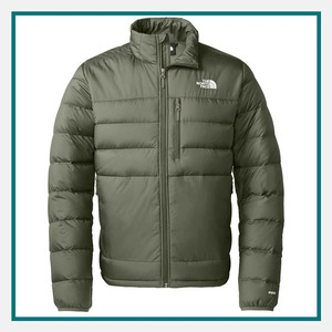 The North Face Men's Down Hybrid Jacket in olive green with insulated baffles, full-zip front, stand collar, and zippered chest pocket.