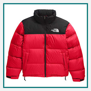 North Face Men's 1996 Retro Nuptse Jacket in red and black with insulated baffles, full-zip front, stand collar, and The North Face logo on the chest.