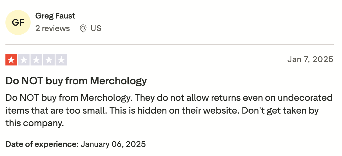 TrustPilot2 A screenshot of a negative Merchology review by a customer on Trustpilot.