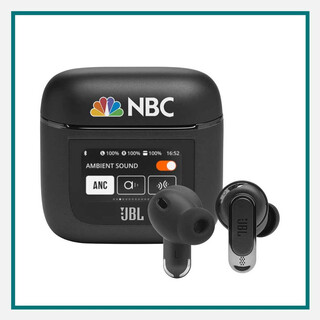 Custom black JBL® Tour Pro 2 Noise Cancelling Earbuds with a charging case featuring the NBC logo and digital display screen.
