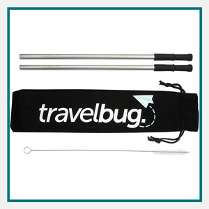 Reusable stainless steel straw set with two metal straws, cleaning brush and black Travelbug pouch, on white background with teal border frame