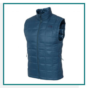 Blue The North Face ThermoBall Eco vest with quilted pattern, zip front and high collar, on white background with teal border, Earth Day gifts for employees