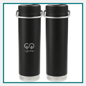 Two black Klean Kanteen Eco TKWide bottles with silver loop caps and minimalist tree logo, on white background with teal border, Earth Day gifts for employees