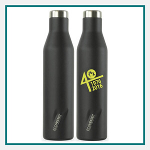 Two black EcoVessel Aspen stainless steel bottles with silver caps and yellow anniversary logo, on white background with teal border frame