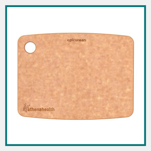 Light brown Epicurean cutting board with rounded edges, hanging hole and subtle athenahealth logo, on white background with teal border, Earth Day gifts for employees