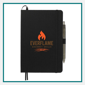 Black recycled marine bound journal with elastic closure, pen holder and Everflame logo in orange, on white background with teal border, Earth Day gifts for employees