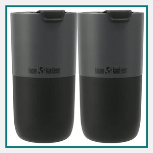 Two black Klean Kanteen Eco Rise tumblers with matte finish, flip lids and subtle logo, on white background with teal border frame