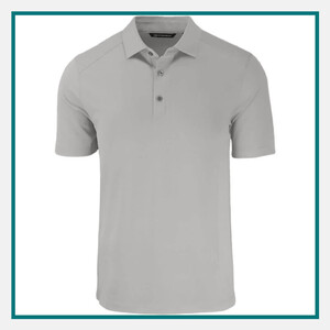 Light grey Cutter and Buck Forge Eco Stretch recycled polo shirt with short sleeves and button placket, on white background with teal border frame