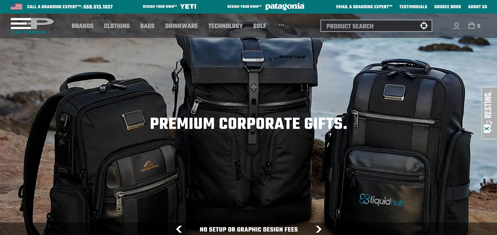 Website hero banner showing black branded backpacks against beach background with premium corporate gifts text overlay, Earth Day gifts for employees