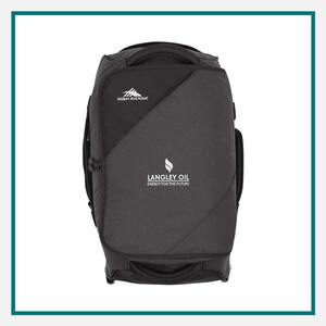 Black High Sierra Forester wheeled duffle bag with extended handle, zip compartments and Langley Oil logo, on white background with teal border, Earth Day gifts for employees
