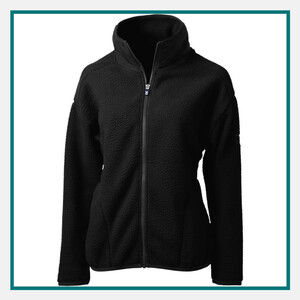 Black Cutter and Buck women's Cascade Eco Sherpa fleece jacket with full zip, high collar and soft textured finish, on white background with teal border frame