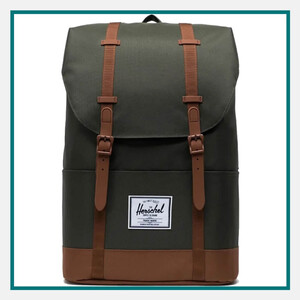 Green Herschel Eco Retreat backpack with brown leather straps and flap closure, white logo patch, on white background with teal border, Earth Day gifts for employees