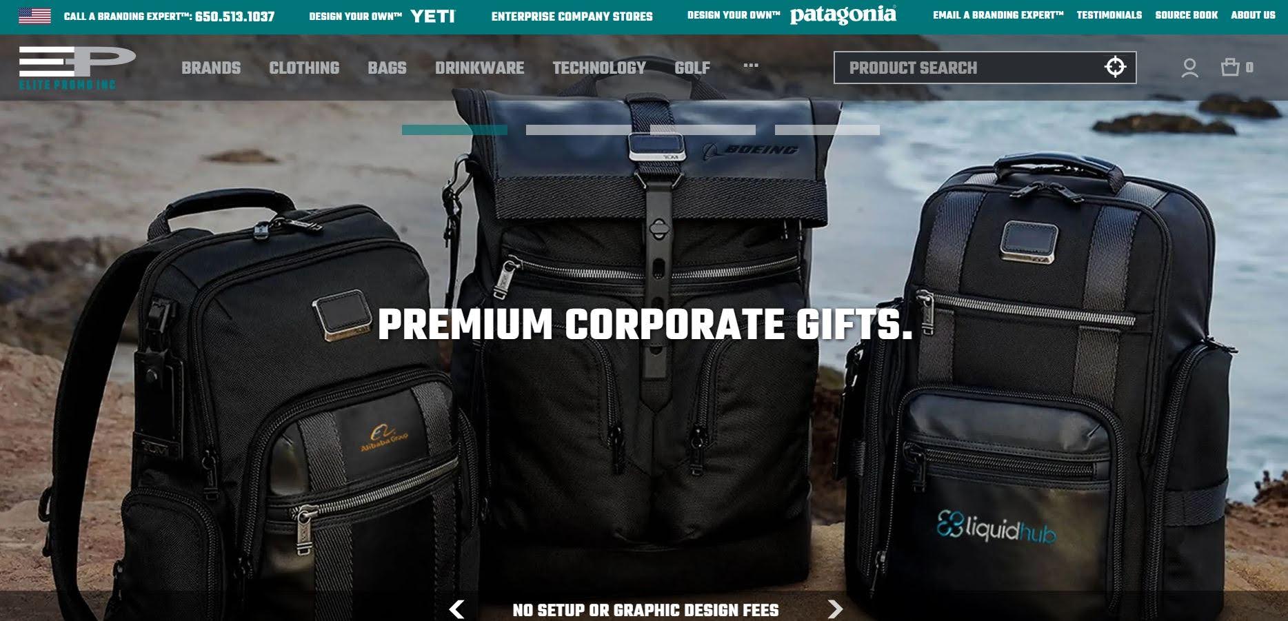 ELITE PROMO INC homepage showing premium corporate gifts co-branded with company logos