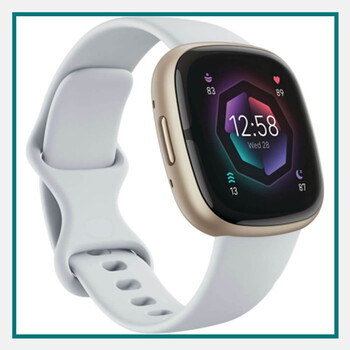 Fitbit Sense 2 touchscreen smartwatch in soft gold aluminum case with white silicone band, work anniversary gifts.
