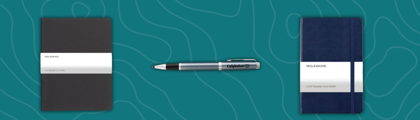 Writing gifts including Moleskine hardcover and Cahier ruled notebooks with a Parker IM rollerball pen on a teal background.