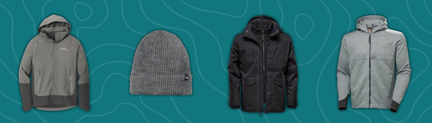 Corporate Christmas gifts featuring Stormtech parka, Eddie Bauer jacket, North Face ribbed beanie, and Helly Hansen hooded midlayer jacket.