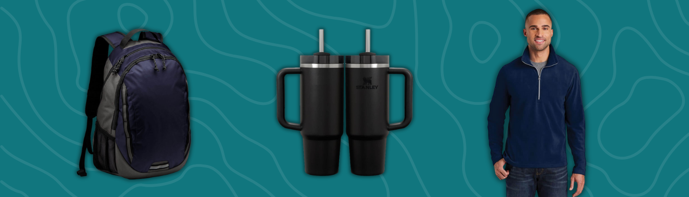 Corporate Christmas gifts featuring a Port Authority Ridge backpack, Stanley Quencher tumbler, and men&rsquo;s microfleece half-zip pullover.