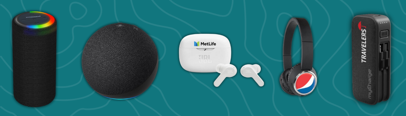 Tech gift lineup featuring myCharge PowerHub Mini charger, HyperGear Halo XL LED speaker, JBL Vibe Beam earbuds, Origaudio Beebop headphones, and Echo Dot.