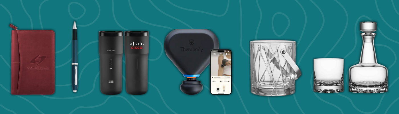 Premium gift assortment including Pedova zippered padfolio, Cross rollerball pen, Ember smart travel mug, Theragun Mini, and Orrefors crystal barware.