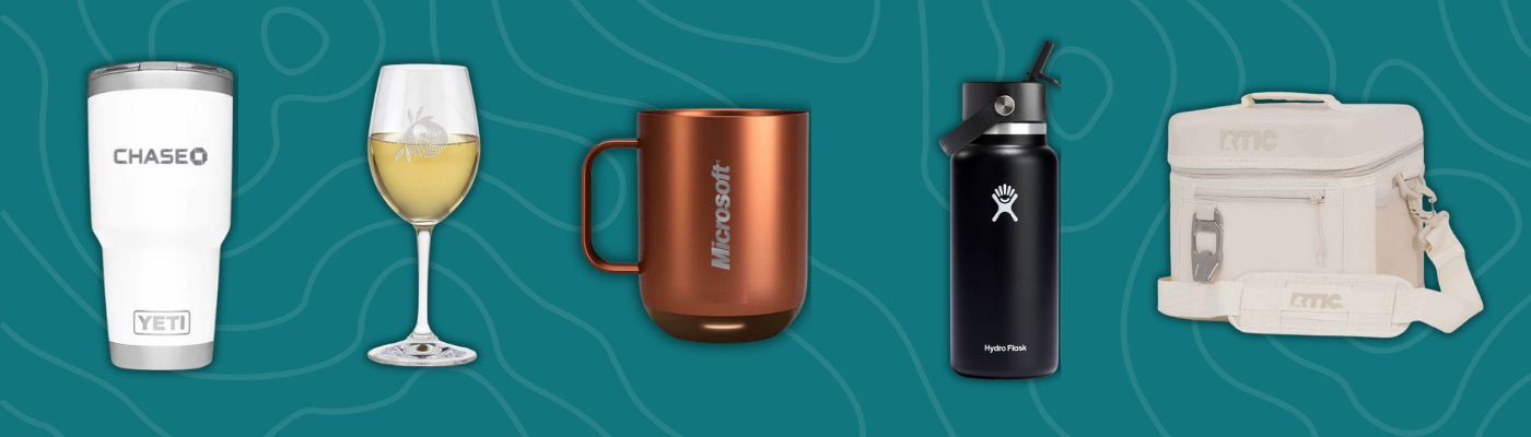 Corporate Christmas gifts including YETI Rambler tumbler, Ember smart mug, Hydro Flask bottle, Riedel wine glass, and RTIC cooler.