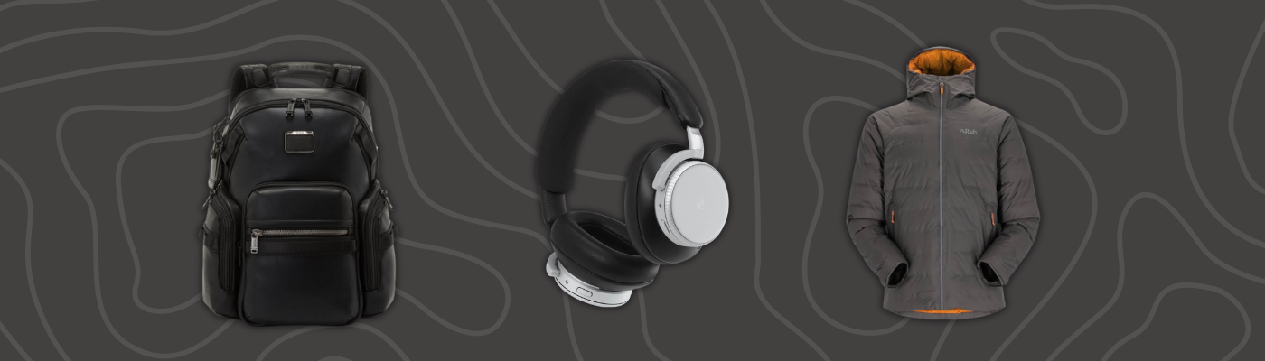 Co-branded Bang and Olufsen Beoplay H100 Headphones, Rab Valiance Waterproof Down Jacket, and TUMI Alpha Bravo Navigation Leather Backpack product images.