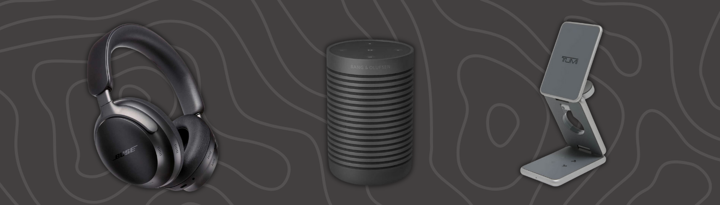 Co-branded TUMI Foldable Wireless Charger, Bose QuietComfort Ultra Headphones, and B&O Beosound Explore as corporate holiday gifts.