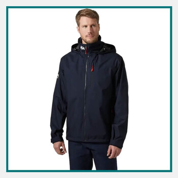 Helly Hansen® Men’s Crew Hooded Sailing Jacket 2.0: navy water‑resistant hooded jacket with adjustable cuffs and zippered pockets, one of the top gift ideas for event attendees.